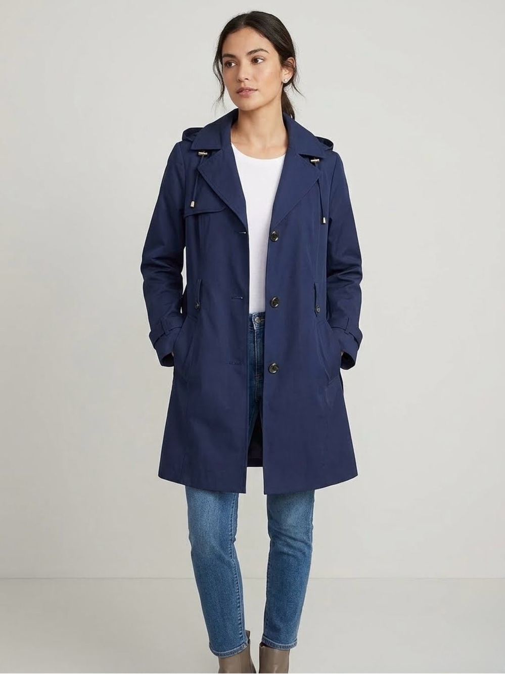 Ellen Tracy Navy Blue Rain Coat Jacket Medium Hooded Water Resistant NO Belt